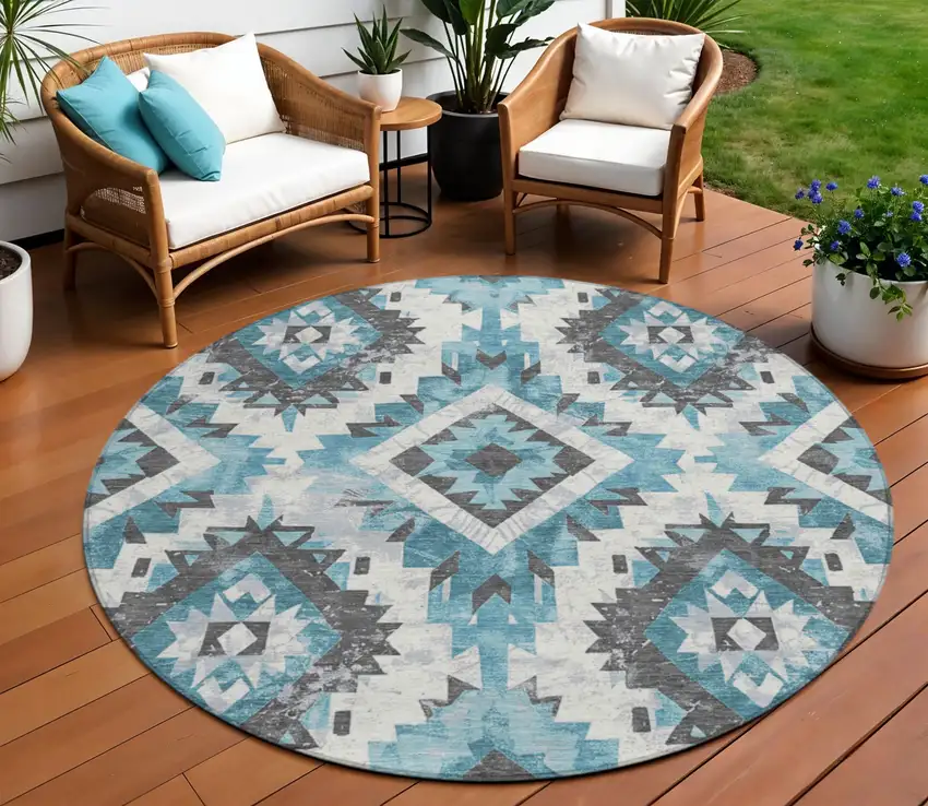 8' Teal Blue And Gray Round Aztec Washable Indoor Outdoor Area Rug Photo 2