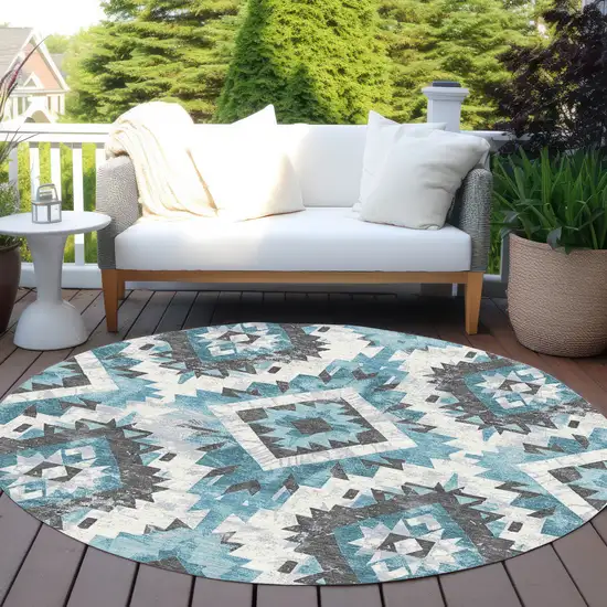 8' Teal Blue And Gray Round Aztec Washable Indoor Outdoor Area Rug Photo 5