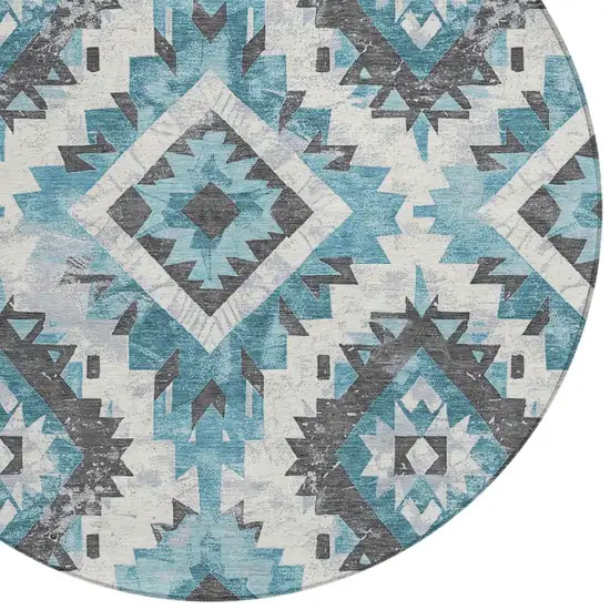 8' Teal Blue And Gray Round Aztec Washable Indoor Outdoor Area Rug Photo 8