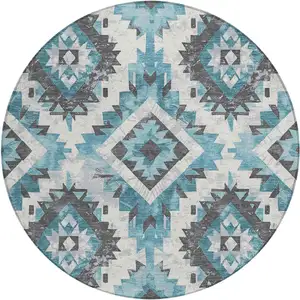 Photo of 8' Teal Blue And Gray Round Aztec Washable Indoor Outdoor Area Rug