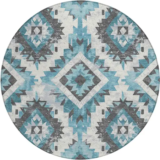 8' Teal Blue And Gray Round Aztec Washable Indoor Outdoor Area Rug Photo 1