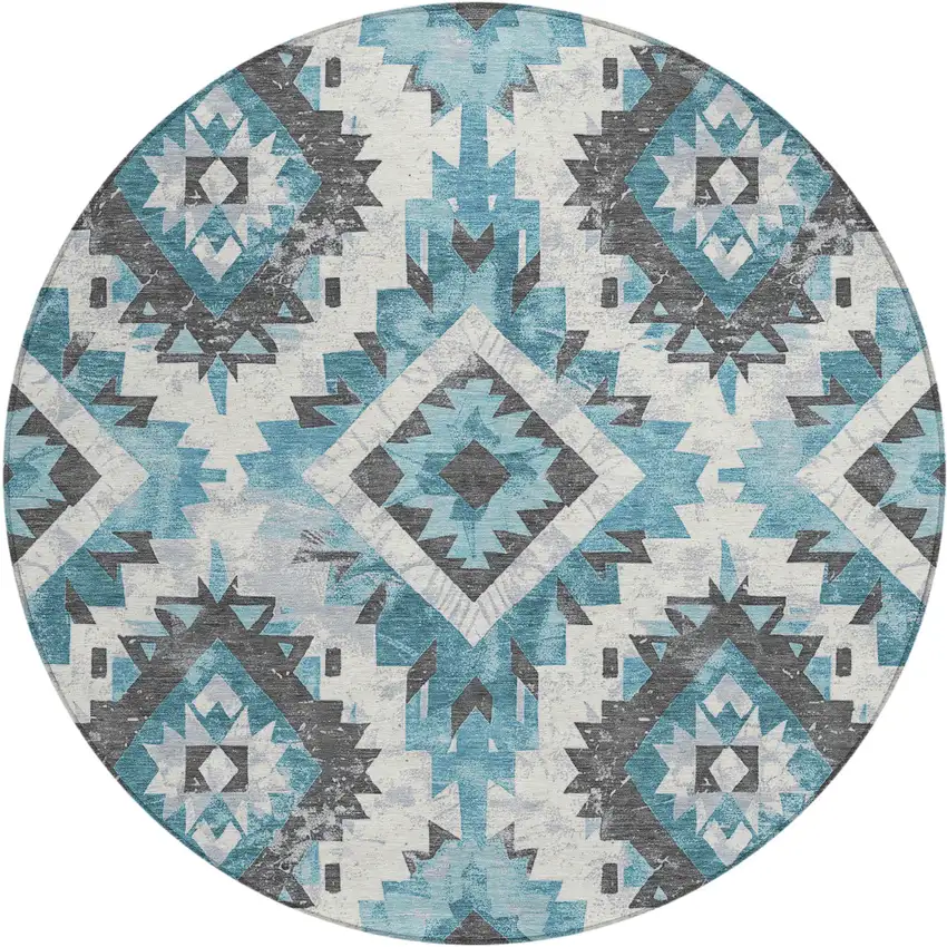 8' Teal Blue And Gray Round Aztec Washable Indoor Outdoor Area Rug Photo 1