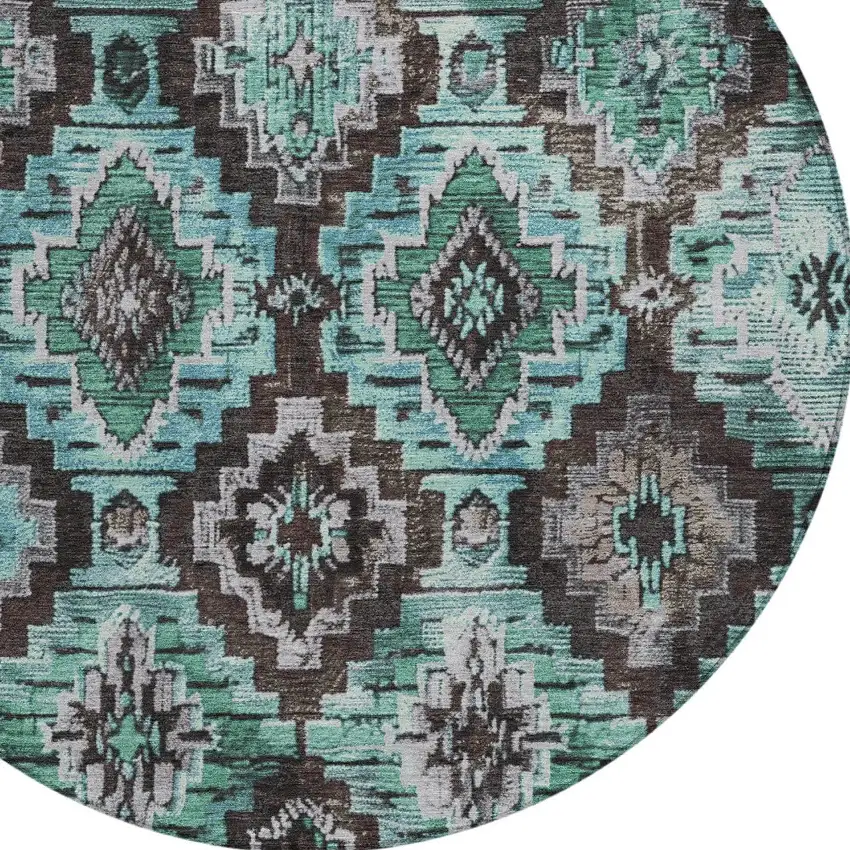 8' Teal Blue And Gray Round Aztec Washable Indoor Outdoor Area Rug Photo 8