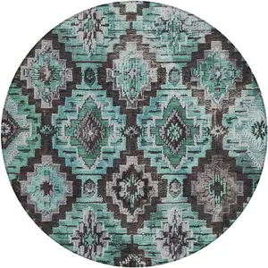 Photo of 8' Teal Blue And Gray Round Aztec Washable Indoor Outdoor Area Rug