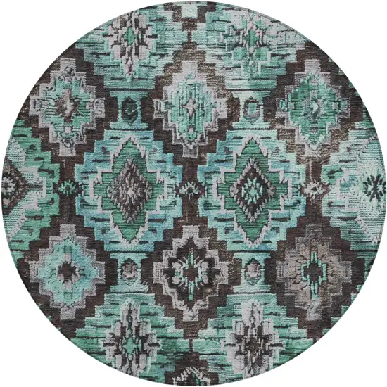 8' Teal Blue And Gray Round Aztec Washable Indoor Outdoor Area Rug Photo 1