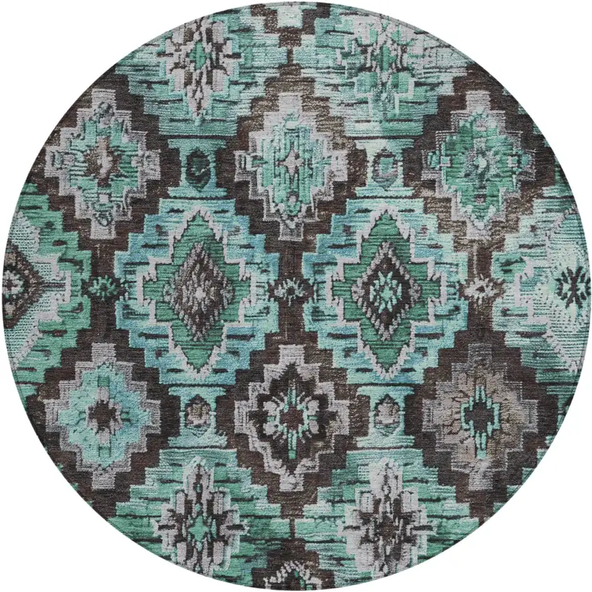 8' Teal Blue And Gray Round Aztec Washable Indoor Outdoor Area Rug Photo 1