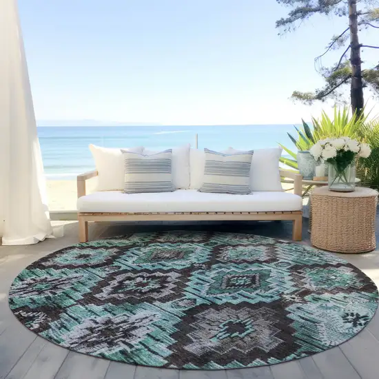 8' Teal Blue And Gray Round Aztec Washable Indoor Outdoor Area Rug Photo 5