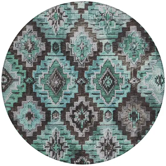 8' Teal Blue And Gray Round Aztec Washable Indoor Outdoor Area Rug Photo 3