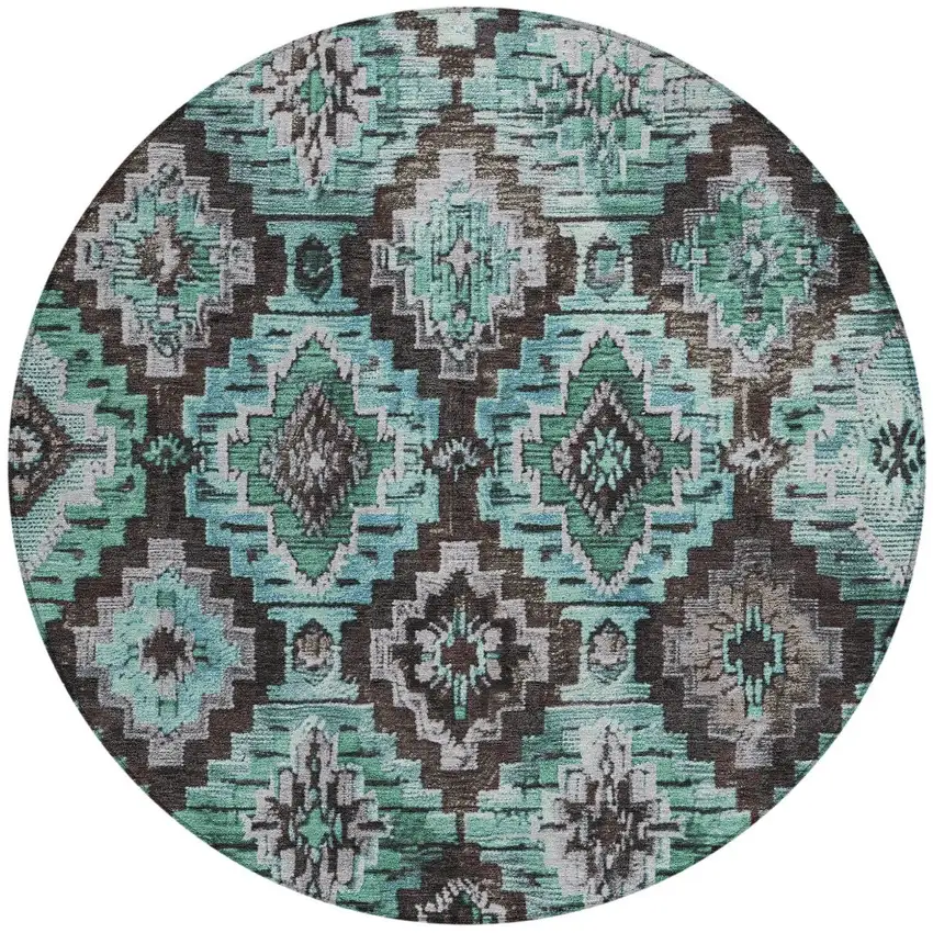 8' Teal Blue And Gray Round Aztec Washable Indoor Outdoor Area Rug Photo 3