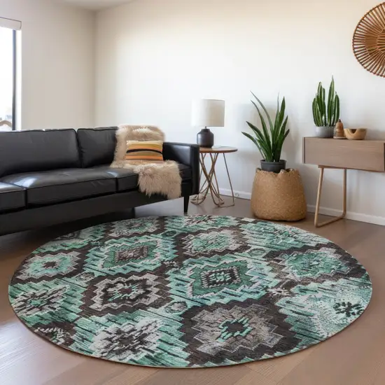 8' Teal Blue And Gray Round Aztec Washable Indoor Outdoor Area Rug Photo 6