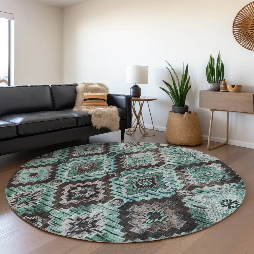 8' Teal Blue And Gray Round Aztec Washable Indoor Outdoor Area Rug Photo 6