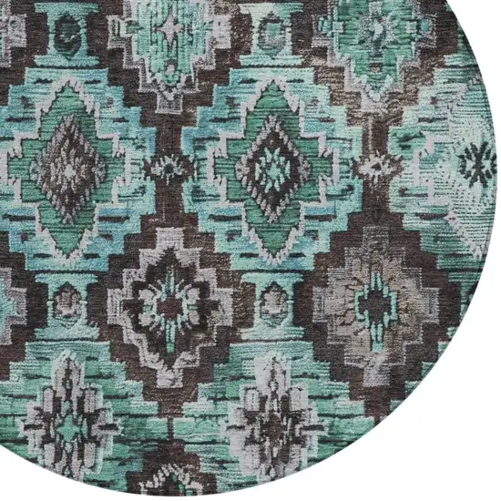 8' Teal Blue And Gray Round Aztec Washable Indoor Outdoor Area Rug Photo 4