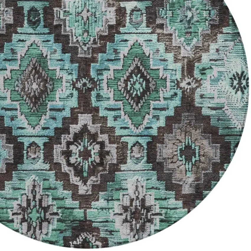 8' Teal Blue And Gray Round Aztec Washable Indoor Outdoor Area Rug Photo 4