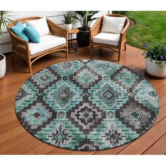 8' Teal Blue And Gray Round Aztec Washable Indoor Outdoor Area Rug Photo 2