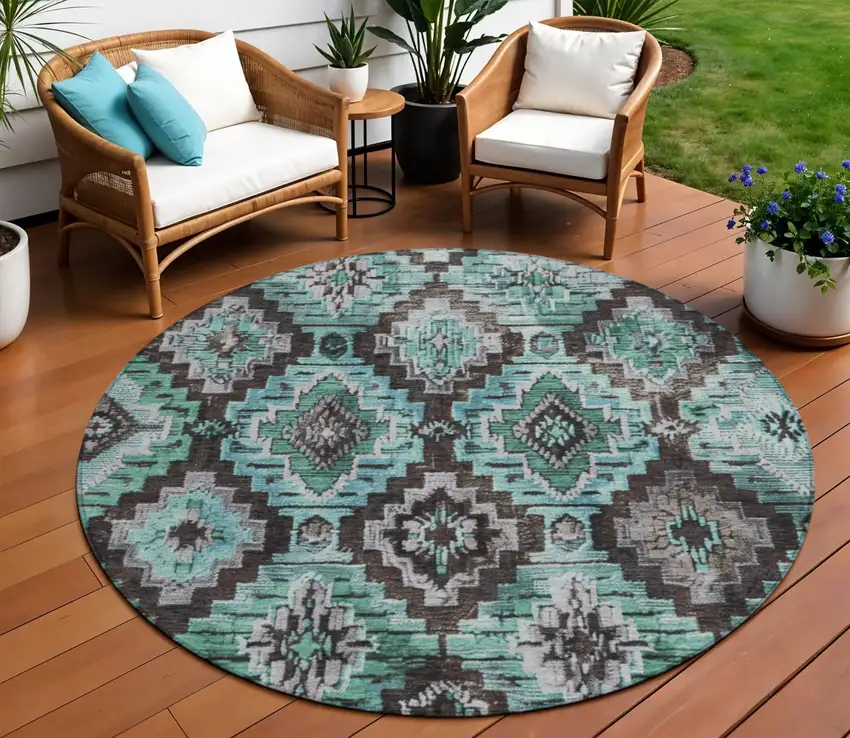 8' Teal Blue And Gray Round Aztec Washable Indoor Outdoor Area Rug Photo 2
