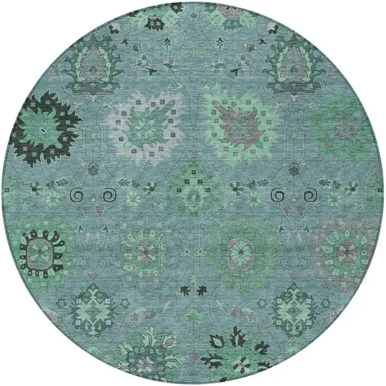 8' Teal Blue And Gray Round Damask Washable Indoor Outdoor Area Rug Photo 4