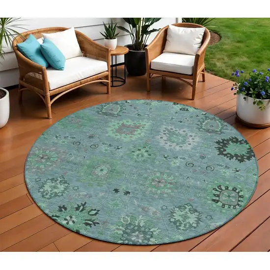 8' Teal Blue And Gray Round Damask Washable Indoor Outdoor Area Rug Photo 1