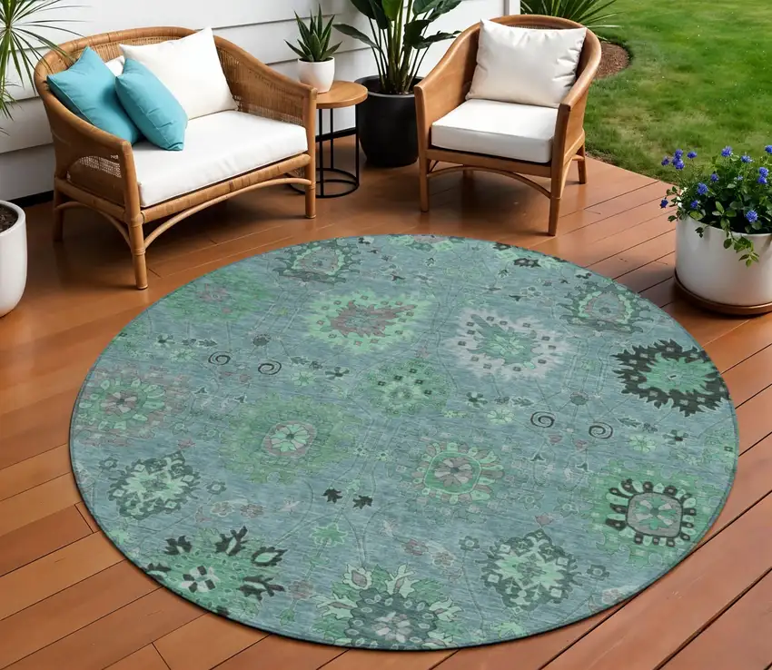 8' Teal Blue And Gray Round Damask Washable Indoor Outdoor Area Rug Photo 1