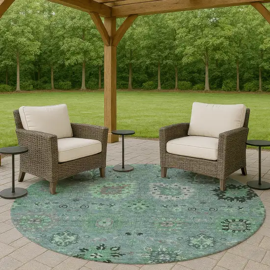 8' Teal Blue And Gray Round Damask Washable Indoor Outdoor Area Rug Photo 7