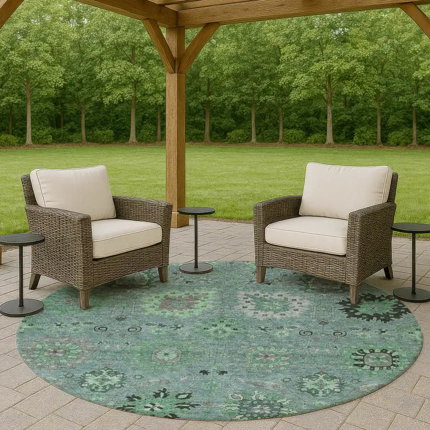 8' Teal Blue And Gray Round Damask Washable Indoor Outdoor Area Rug Photo 7