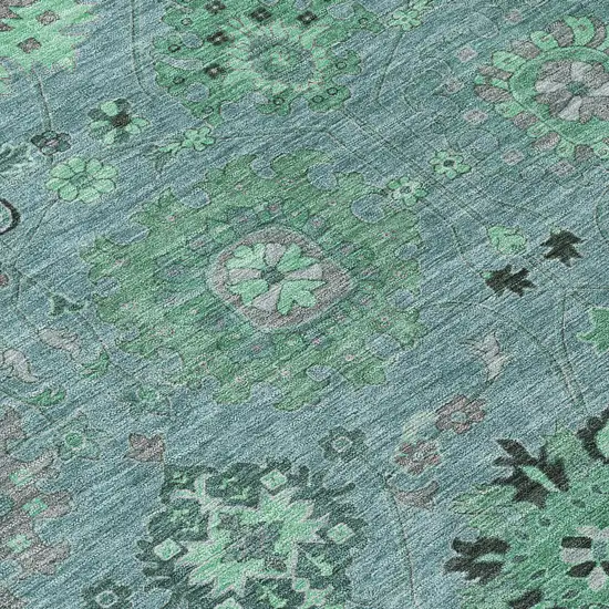 8' Teal Blue And Gray Round Damask Washable Indoor Outdoor Area Rug Photo 9