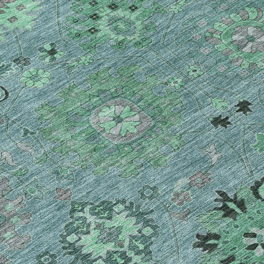 8' Teal Blue And Gray Round Damask Washable Indoor Outdoor Area Rug Photo 9