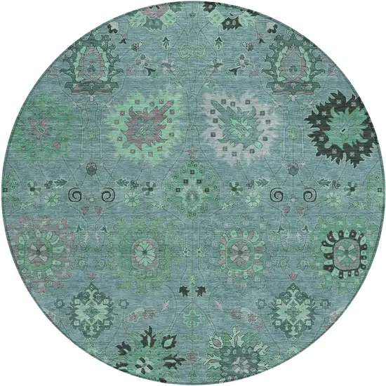 8' Teal Blue And Gray Round Damask Washable Indoor Outdoor Area Rug Photo 2