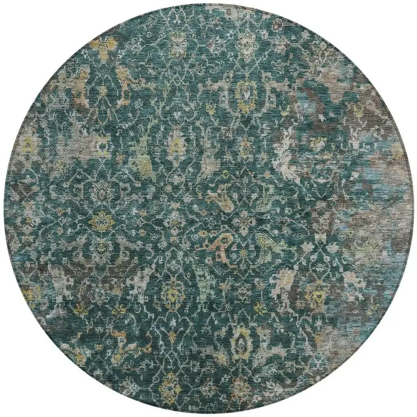 8' Teal Blue And Gray Round Damask Washable Indoor Outdoor Area Rug Photo 3