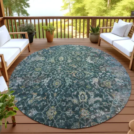 8' Teal Blue And Gray Round Damask Washable Indoor Outdoor Area Rug Photo 4