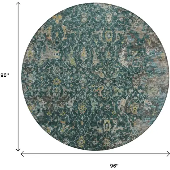 8' Teal Blue And Gray Round Damask Washable Indoor Outdoor Area Rug Photo 3
