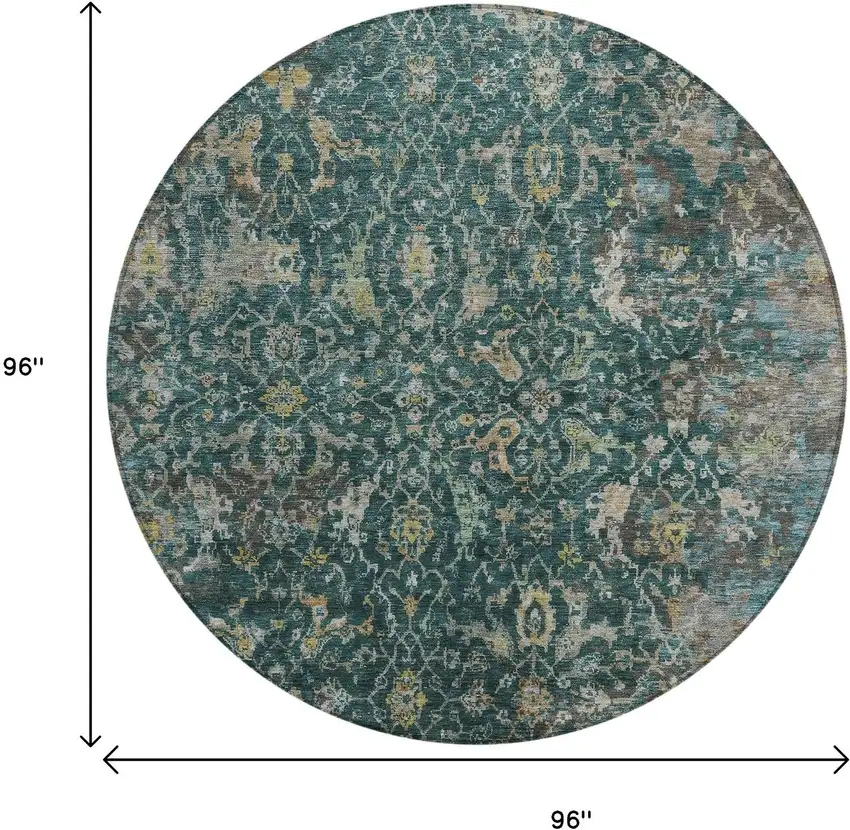 8' Teal Blue And Gray Round Damask Washable Indoor Outdoor Area Rug Photo 3