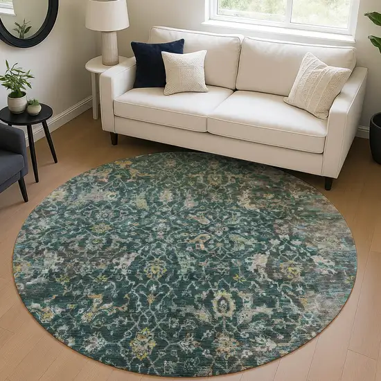 8' Teal Blue And Gray Round Damask Washable Indoor Outdoor Area Rug Photo 5