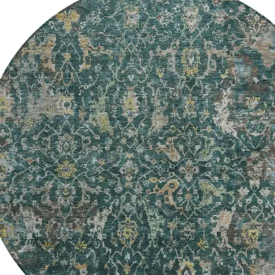 8' Teal Blue And Gray Round Damask Washable Indoor Outdoor Area Rug Photo 2