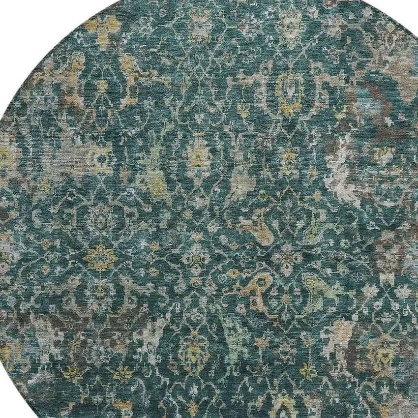 8' Teal Blue And Gray Round Damask Washable Indoor Outdoor Area Rug Photo 2