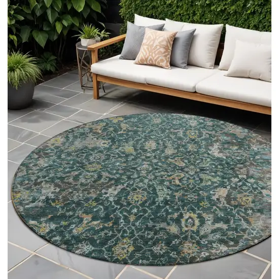 8' Teal Blue And Gray Round Damask Washable Indoor Outdoor Area Rug Photo 1