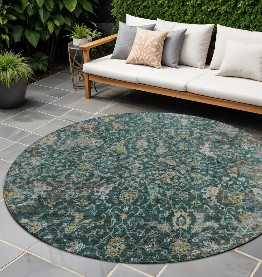 8' Teal Blue And Gray Round Damask Washable Indoor Outdoor Area Rug Photo 1