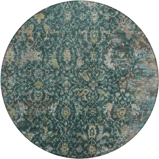 8' Teal Blue And Gray Round Damask Washable Indoor Outdoor Area Rug Photo 1