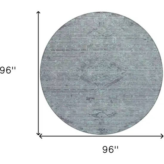 8' Teal Blue And Gray Round Floral Washable Indoor Outdoor Area Rug Photo 9