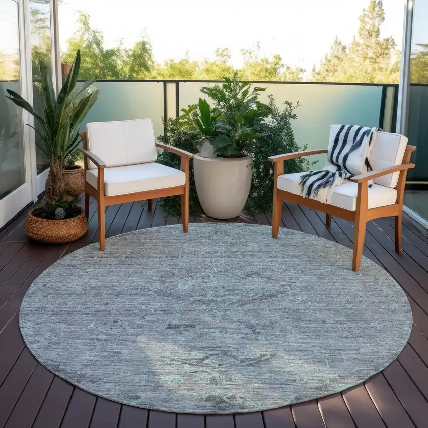 8' Teal Blue And Gray Round Floral Washable Indoor Outdoor Area Rug Photo 7