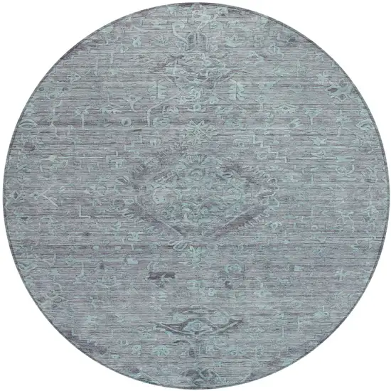 8' Teal Blue And Gray Round Floral Washable Indoor Outdoor Area Rug Photo 2