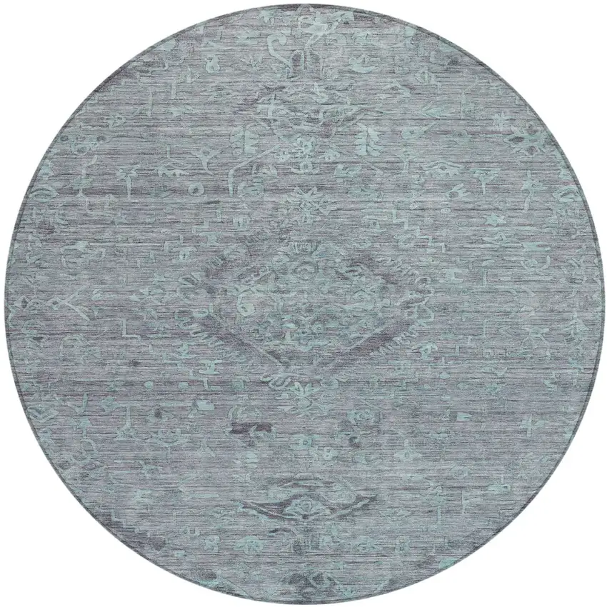 8' Teal Blue And Gray Round Floral Washable Indoor Outdoor Area Rug Photo 2