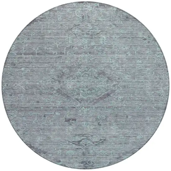 8' Teal Blue And Gray Round Floral Washable Indoor Outdoor Area Rug Photo 6