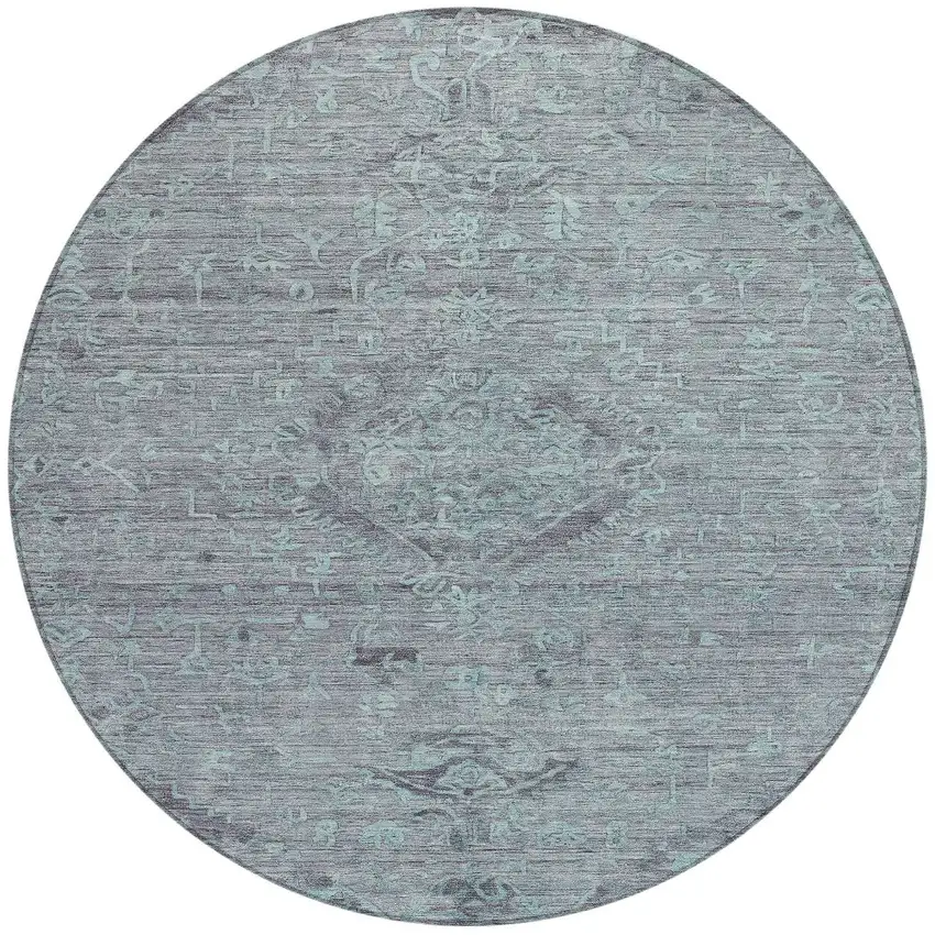 8' Teal Blue And Gray Round Floral Washable Indoor Outdoor Area Rug Photo 6