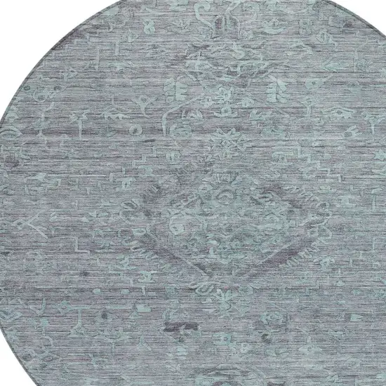 8' Teal Blue And Gray Round Floral Washable Indoor Outdoor Area Rug Photo 5