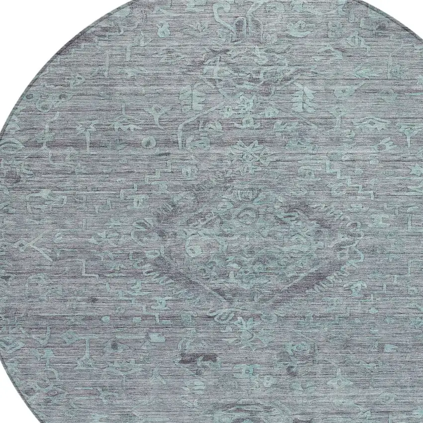 8' Teal Blue And Gray Round Floral Washable Indoor Outdoor Area Rug Photo 5