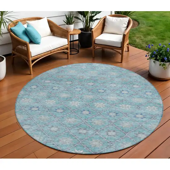 8' Teal Blue And Gray Round Floral Washable Indoor Outdoor Area Rug Photo 2