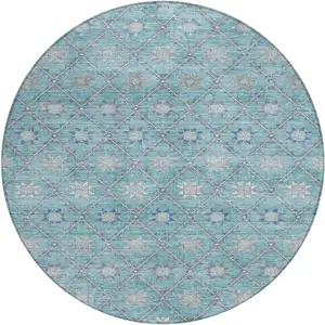 Photo of 8' Teal Blue And Gray Round Floral Washable Indoor Outdoor Area Rug