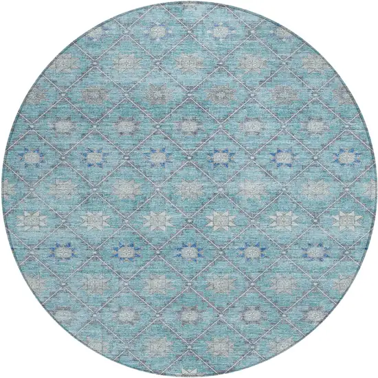 8' Teal Blue And Gray Round Floral Washable Indoor Outdoor Area Rug Photo 1