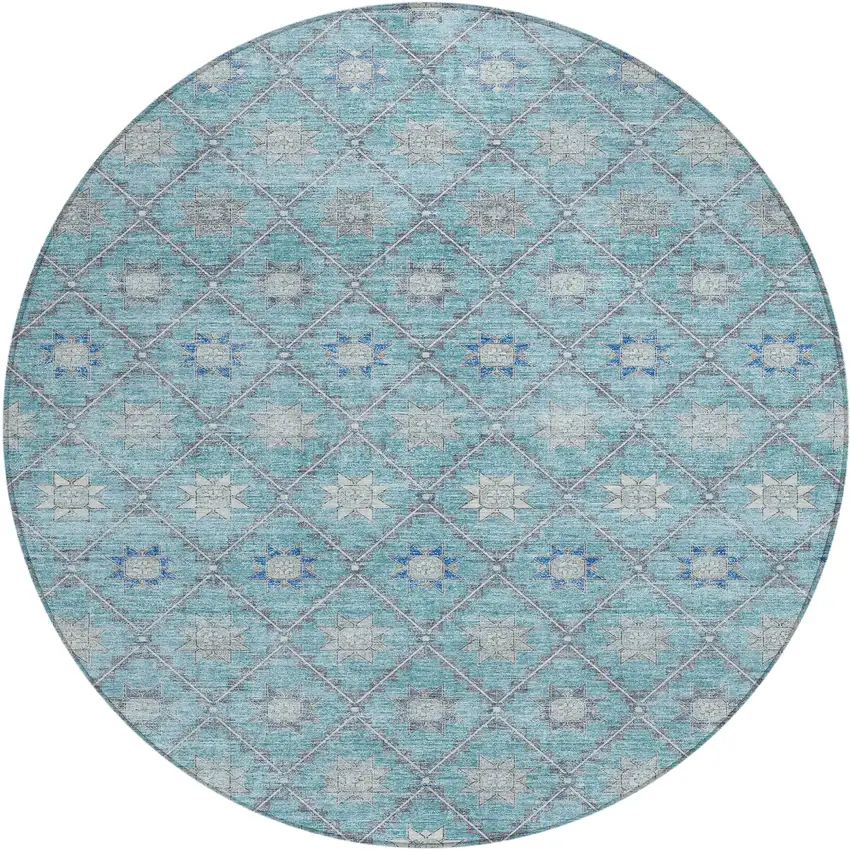8' Teal Blue And Gray Round Floral Washable Indoor Outdoor Area Rug Photo 1