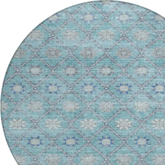 8' Teal Blue And Gray Round Floral Washable Indoor Outdoor Area Rug Photo 9